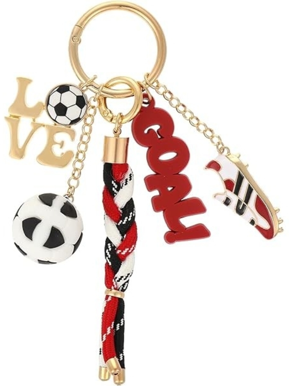 5 Charms Gold Soccer Keyring Keychain with Red, Black & White Accents Bag Charm